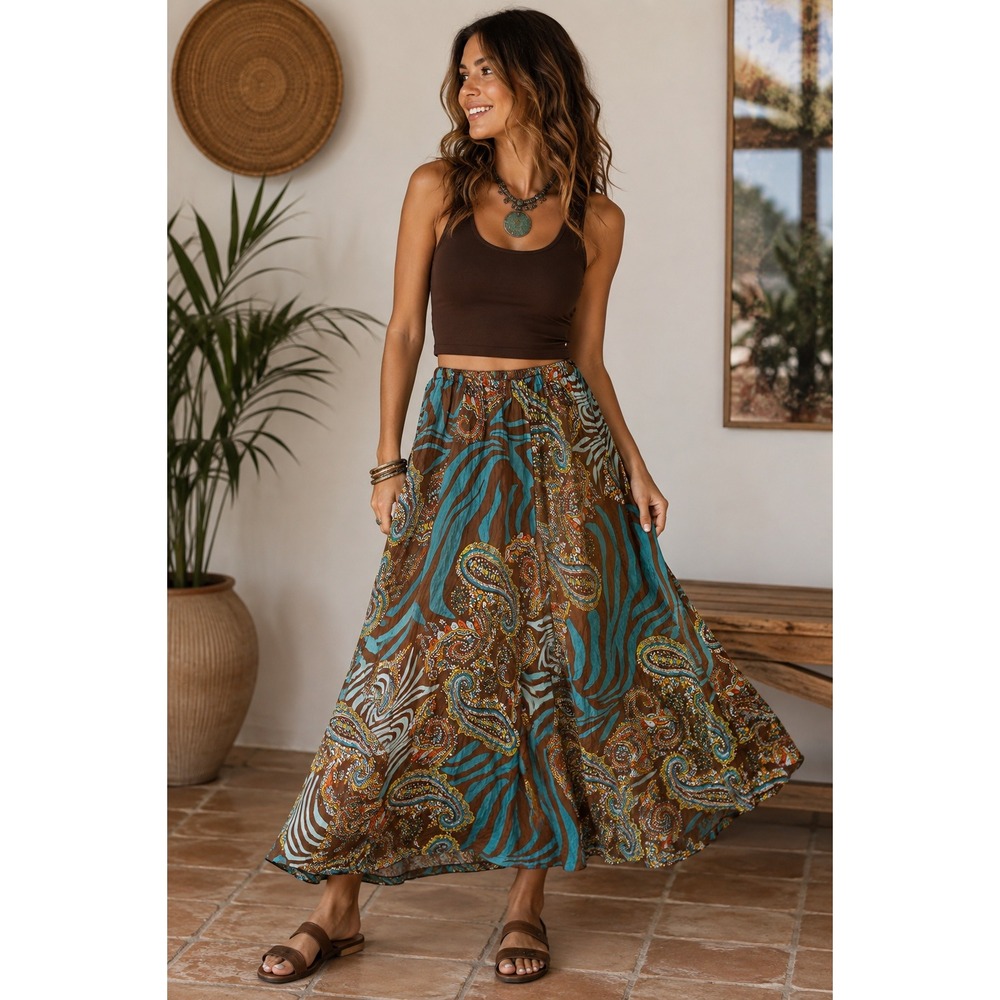 Dolcezza 100% Silk Paisley Zebra Maxi Skirt S Y2K Boho Festival